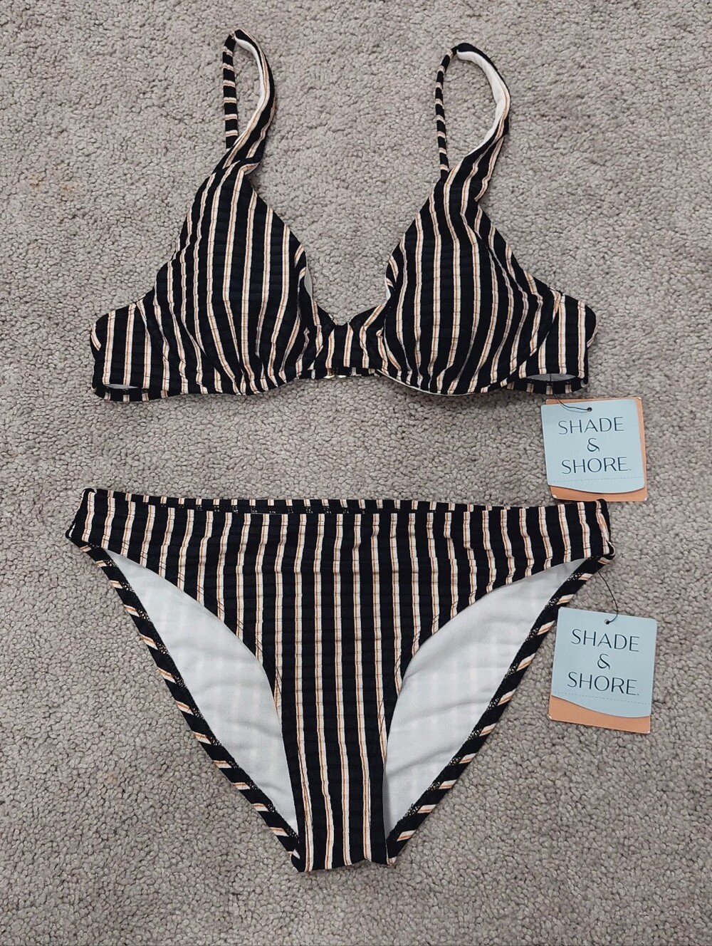 Shade & Shore Bikini Swimsuit Set 34B Top Small Bottom Black Tan White Cheeky